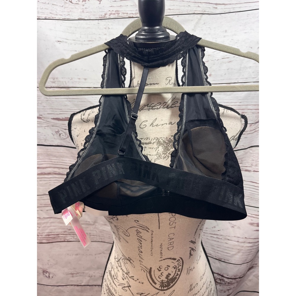 Victoria's Secret PINK Black Lace Halter Bralette Wireless Logo Band XL NWT